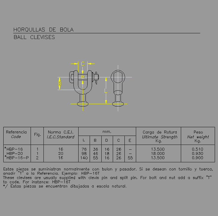 Bloque Autocad Horquilla de bola HBP-16, HBP-20.